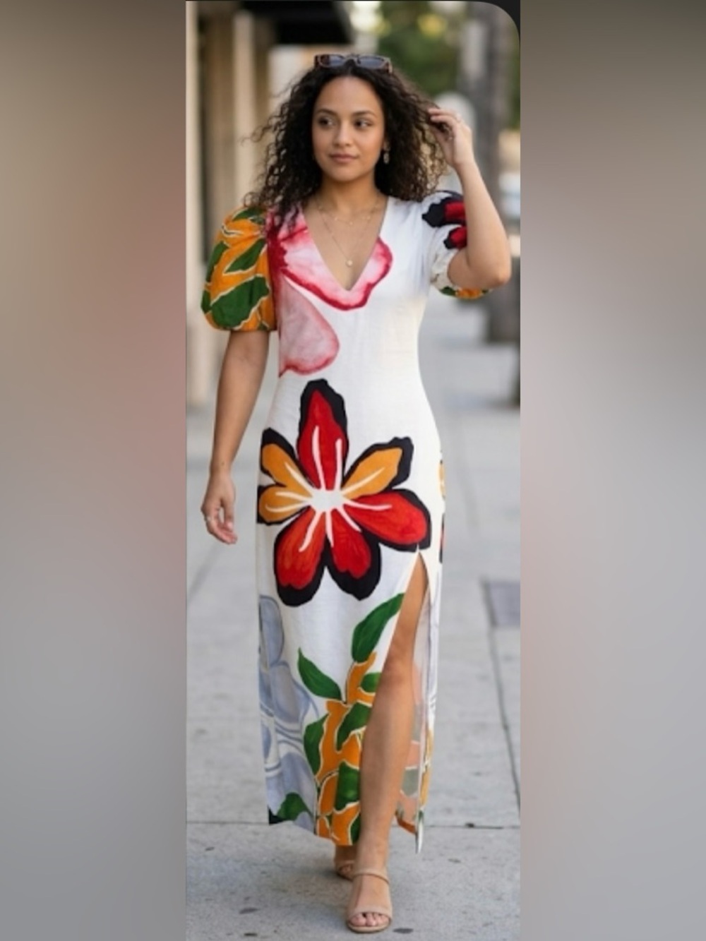 Anthropologie Floral Puff Sleeve Midi Dress Side Slit Resort Boho NWT Small - Picture 2 of 16